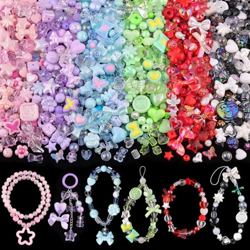400-450PCS TINKRSTUFF Assorted Acrylic Beads 6 Mixed Colors Cute Beads for Bracelet Making, Bow Aesthetic GummyBear Flower Butterfly Kawaii Charms for Jewelry Making DIY Necklace Keychain Phone Charm - color: 6 Color Series-Pink+Blue+Purple+Green+Red+Blac