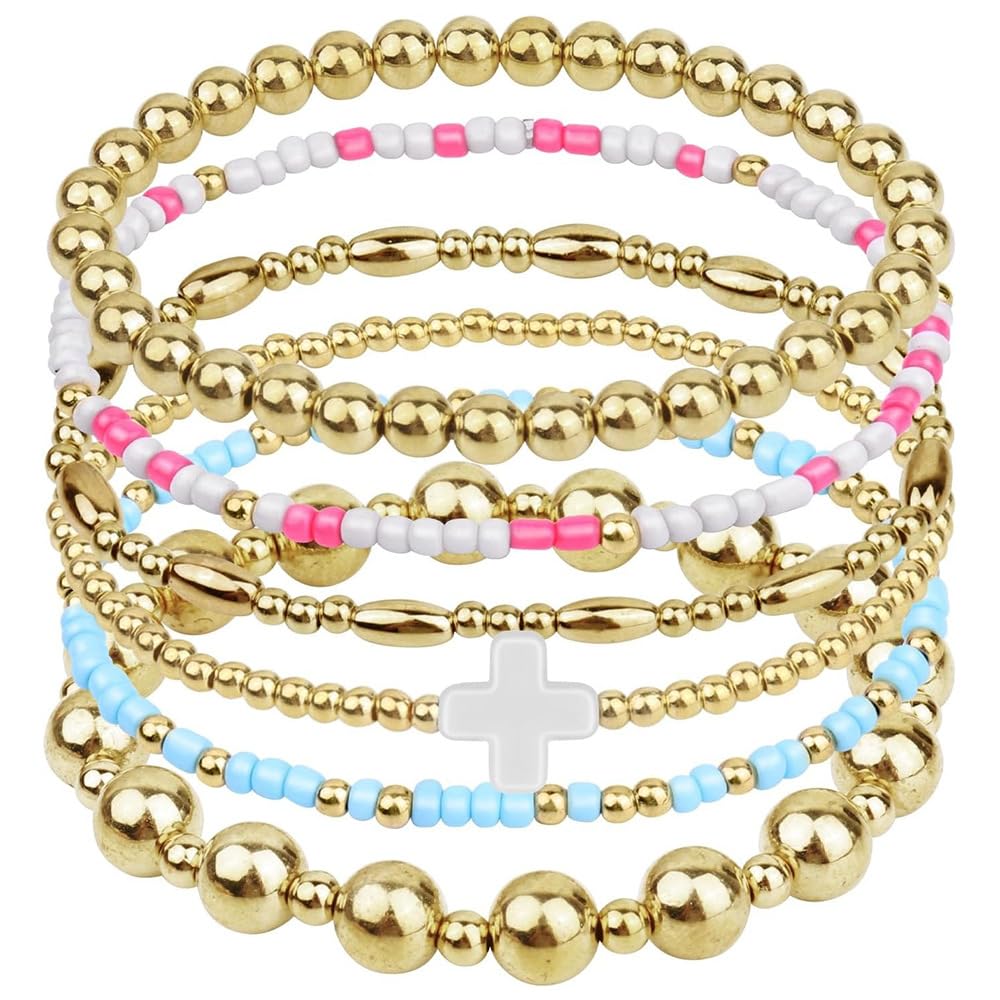 5Pcs Gold Bead Bracelets Set for Women,14K Gold Plated Stackable Bead Ball Bracelets Set,Adjustable Chunky Bangles Bracelets,Boho Stretch Bead Ball Bracelet for Women - color: Color3