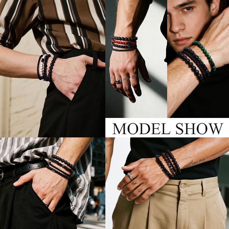 Men’s Hematite Bracelet Set Boho Multi - Tiger Eye/Matte Agate/Lava Rock Gifts for Birthday/Anniversary/Christmas - color: F05 Tiger Eye