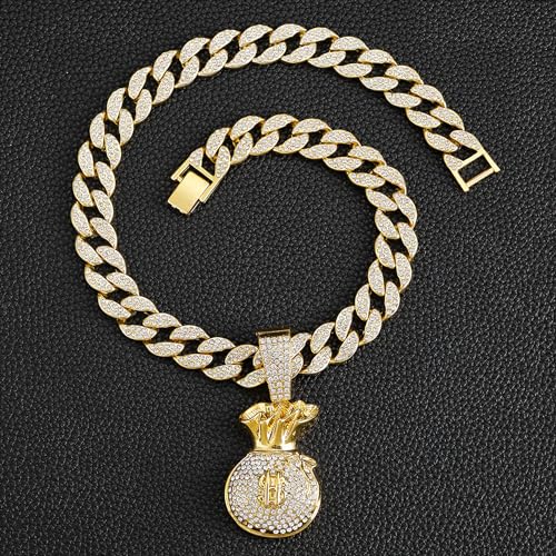 Ice Out Chain for Men Premium Zircon Stones Hypoallergenic Durable Hip-Hop Streetwear Chain Necklace Men - color: Gold, style: Dollars Bag