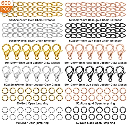 600Pcs Chain Extender Set for Jewelry Making,Necklace Bracelet Chain Extender Chains Extension Tails with Lobster Claw Clasps and Open Jump Ring for Necklaces Bracelet,Anklets,Jewelry Making Supplies - color: 600pcs Gold,Silver,Rose gold,Gun black