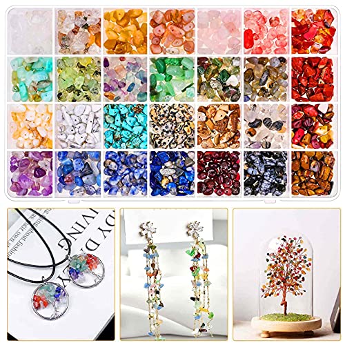 Crystal Chips Beads for Ring Making, 28 Colors Gemstone Beads for Jewelry Making, Crystal Ring Making Kit with Plastic Box for Jewelry Ring, Bracelets, Earring Making Supplies