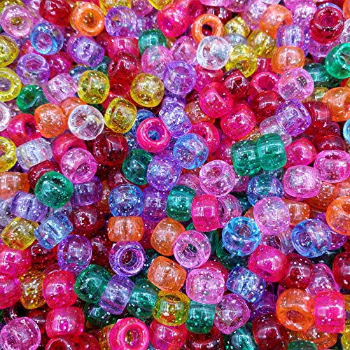 Amaney 500 Pieces Glitter Pony Beads 6x9mm Mixed Colors Transparent Plastic for Hair Braids Jewelry Making - color: Glitter