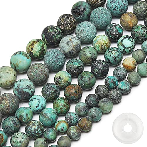 Natural Matte African Turquoise Beads, 10MM Round Frosted Unpolished Loose Gemstone Beads for Bracelet Necklace Jewelry Making, Energy Stone Healing Power with Stretch Beading Cord - color: Matte African Turquoise, size: 10MM