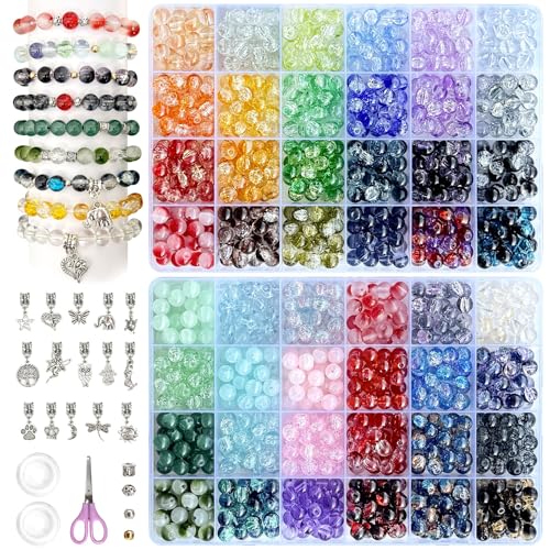 Rujiaoa Bracelet Making Kit for Adults – 8mm Crackle Glass Beads Set, 1200PCS DIY Beads for Jewelry Making & Gifts