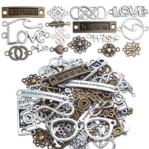Aylifu Craft Supplies Charms, 100g (about 78pcs) Mixed Words Message Star Moon Feather Charms Pendants Infinity Symbol Lozenge Flower Connectors Links Jewelry Making Accessories for Crafting - color: Mix Silver,Bonze