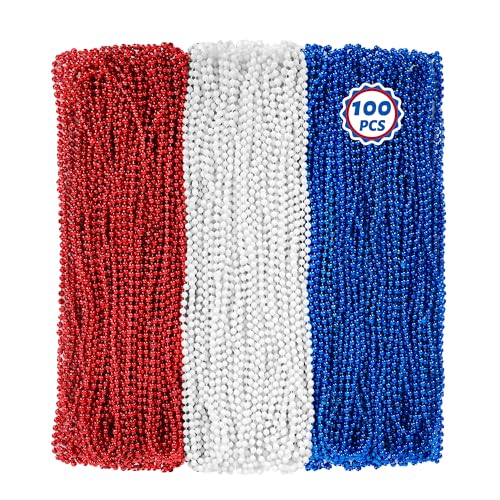 Huskein 100 PCS 4th of July Beads, 33" Patriotic Beads Necklaces Bulk, Red White Blue Necklace Bulk, Independence Day Party Parade Accessories Set for Memorial Day Fourth of July Party Supplies - color: RedWhiteBlue