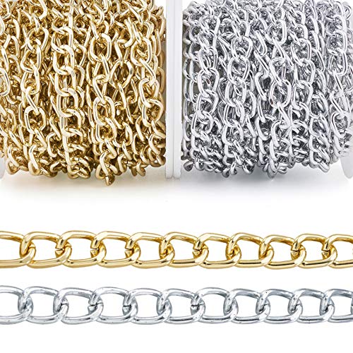 32.8 Feet Aluminum Curb Chains Gold Silver Twisted Links Cross Cable Chains with Spool Craftdady for Bracelet Necklace Earring Jewelry Making-2 Rolls, 10x6.5mm - color: Gold, Silver, 10x6.5mm