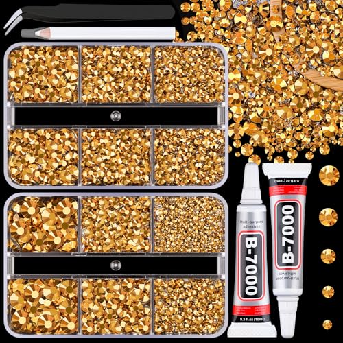 Resin Jelly Rhinestones for Crafting with B7000 Jewelry Glue, 2 Boxes Gold Flatback Crystals with 2Pcs 10ml Glue, Bedazzling Non Hotfix Gems for DIY Tumblers Clothing Shoes Manicure - color: Gold, size: 2 Mini Pack + Glue