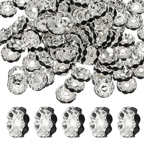 PATIKIL 12mm Wavy Rhinestone Spacer Beads, 100Pack Loose Jewelry Making Spacers Beadable Rondelle Diamond Beads DIY Bracelets Pen Silver Plated for Craft Supplies Decor, Black - color: Black