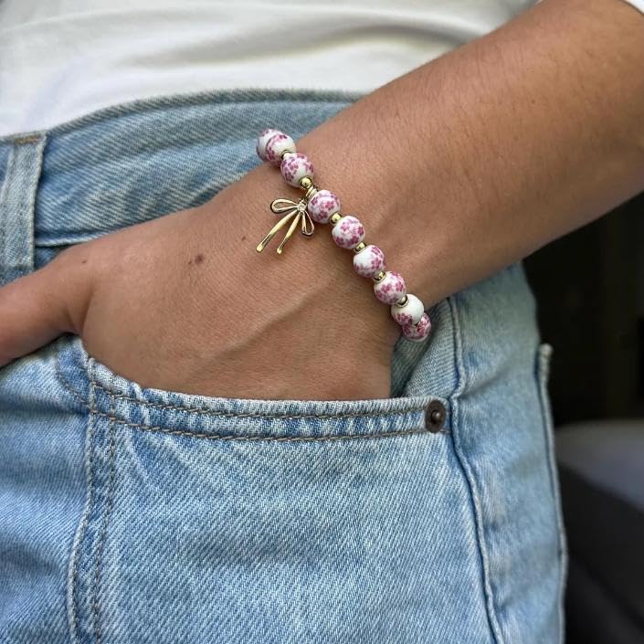Bow Bracelet Necklace Set 14K Gold Beaded Bracelet Dainty Bow Pendant Choker Jewelry Gift Set - color: Pink