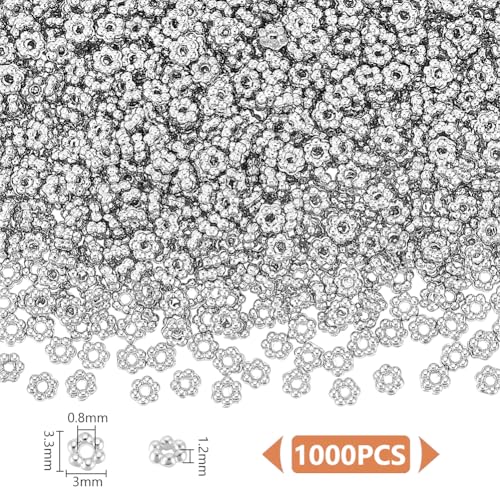 UNICRAFTALE 1000Pcs Spacer Beads Flower Beads 3mm Daisy Spacers Beads Metal Loose Beads Blossom Beads Braclet Beads Tiny Spacer Beads for Necklace Bracelet Earring Jewelry Making Hole 0.8mm - color: Platinum