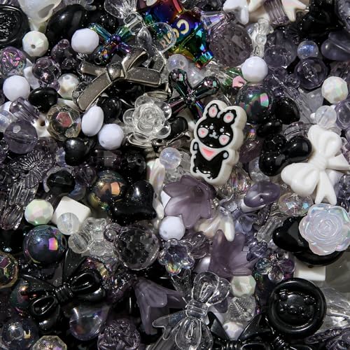 500g Acrylic Assorted Beads Flower Star Butterfly Candy Acrylic Kawaii Beads for Keychain Bracelets Jewelry Making DIY Plastic Crafts (Black) - color: black