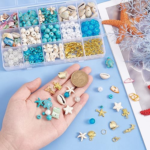 PandaHall 357pcs Starfish Shell Beads Ocean Jewelry Making Kit - 20g Synthetic Turquoise Seashells, Turtle & Mermaid Charms, Cowrie Shell Beads for Summer Beach Necklace, Bracelet & Anklet - color: Blue White Gold
