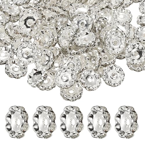PATIKIL 12mm Wavy Rhinestone Spacer Beads, 100Pack Loose Jewelry Making Spacers Beadable Rondelle Diamond Beads DIY Bracelets Pen Silver Plated for Craft Supplies Decor, White - color: White