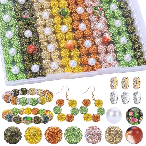 AIPRIDY Jewelry Making Beads Set, 300 PCS 10mm Rhinestone Clay Beads, 8mm Mixed Color Spacer Beads with Pearl and Floral Beads for DIY Jewelry Making (Green + Orange + Lemon) - color: Green + Orange + Lemon