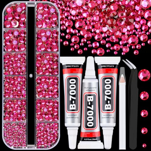 Resin Rhinestones for Crafting with 3Pcs 10ml B7000 Jewelry Glue, 1 Box Hot Pink Flatback Gems Crystals Diamond for Bedazzling Crafts DIY Nail Art Makeup, Gems for Clothing Tumblers Shoes - color: Hot Pink, size: 1 Small Pack + 3Pcs Glue