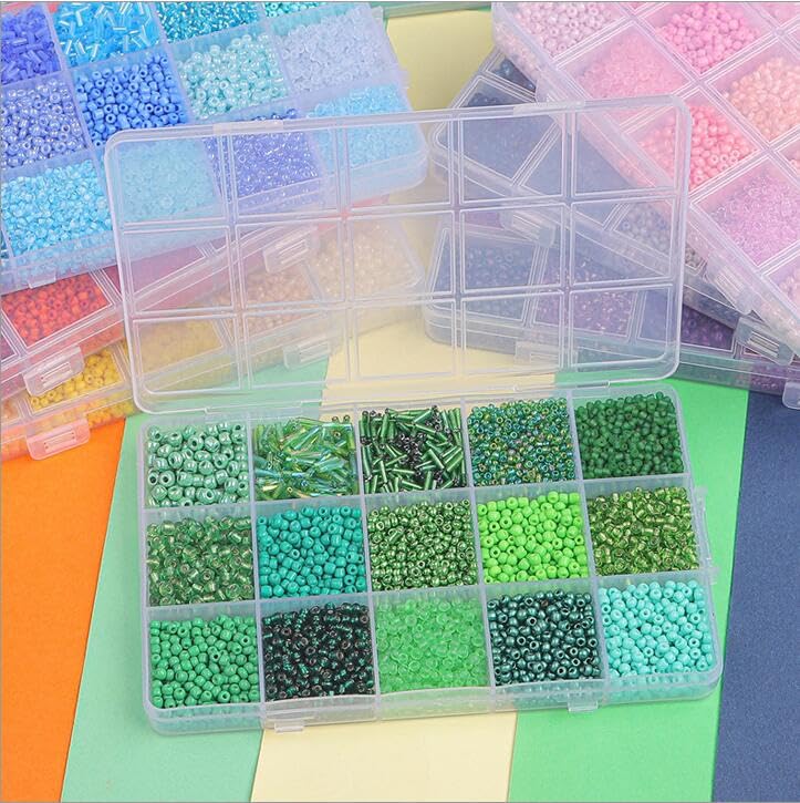Mix 15 Color Glass Seed Tube Beads Glass Bugle Beads Loose Kit for Jewelry Making DIY Craft Beading (Mix 15 Color, Green) - color: Green