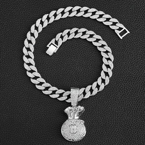 Ice Out Chain for Men Premium Zircon Stones Hypoallergenic Durable Hip-Hop Streetwear Chain Necklace Men - color: Silver, style: Dollars Bag