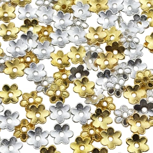 200pcs 8mm Flower Spacer Beads Caps Metal Flower Bead Caps Accessories for Bracelet Necklace Earrings Lanyard Jewelry Making Supplies(Gold and Silver) - color: Gold/Silver, size: 8mm