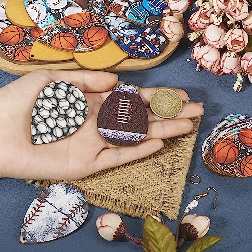 Elecrelive Teardrop Wood Earring Making Kit 36pcs Sport Theme Printed Earring Charms Ball Game Big Wood Pendants with Basketball Baseball Tennis Pattern for DIY Jewelry Making - color: Sport Theme