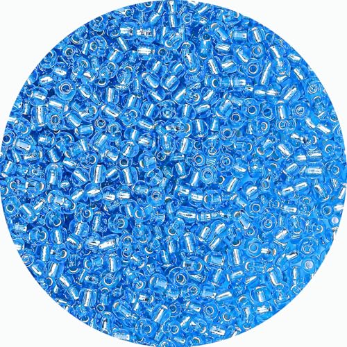 8/0 Glass Seed Beads Bulk, Blue with Silver 3mm Tiny Round Craft Seed Bead, Small Mini Pony Beads for Jewelry Making Bracelet Necklace Wrist Beading Weaving Supplies, 2500pcs - color: Blue with Silver