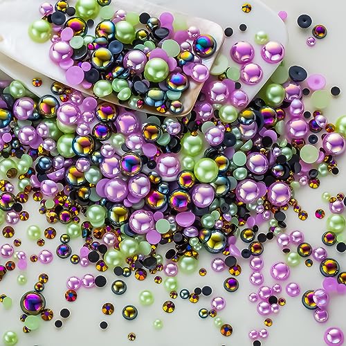 60g Cyan Purple Flat Back Pearls Rhinestones for Crafts Mixed Size 3mm-10mm AB Color Round Half Pearls Flatback Pearl Beads and Resin Rhinestones Set for Face Art with Gel - color: Cyan-Purple Series, size: 60g