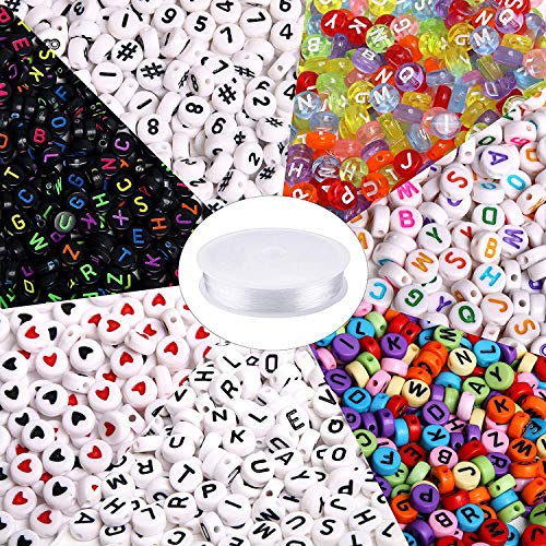 1900pcs 7 Colors Round Letter Beads Acrylic Alphabet Number Beads with 1 Roll Elastic Crystal String Cord for Jewelry Making DIY Necklace Bracelet (7x4mm) - color: 7 Colors-A
