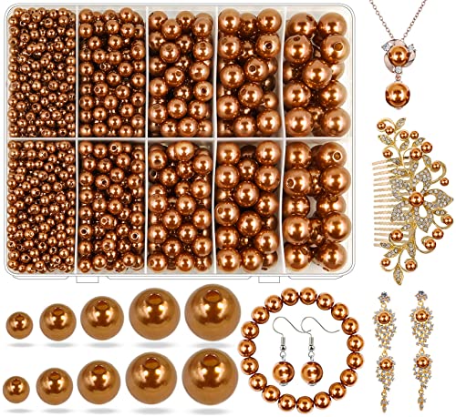 Light Brown Pearl Beads for Jewelry Making, 1750pcs Light Brown Pearl Craft Bead with Hole 4mm 6mm 8mm 10mm 12mm Loose Spacer Bead for Necklace Bracelet Wedding Dress Decor - color: Brown-light