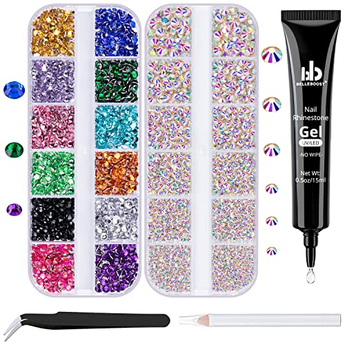 BELLEBOOST Nail Art Rhinestone Glue Gel&2 Boxes Flatback Gems Kit, 1 Tube of 15ml Rhinestone Gel Glue(UV/LED Needed)+Colorful Gems+Flat-Back Round Glass Crystal AB Gemstones with Pickup Tools - color: A02-AB+ Multicolored