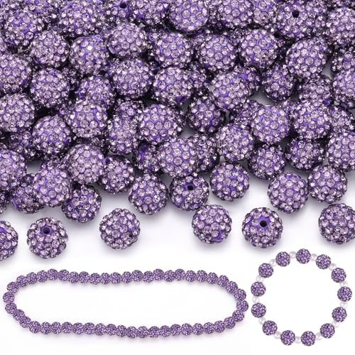 100 Pcs Purple Rhinestone Beads for Jewelry Making, Sparkle Crystal Clay Christmas for Bracelet Baseball Necklace Earring Crafting and DIY, Shiny Round Shamballa Disco Ball Beads Bulk - color: Purple, size: 100 pcs