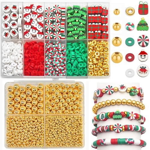 ZSFLZS Gold Beads Christmas Polymer Clay Beads Bracelet Making Kit, Round Spacer Bead 3/4/6/8mm 4 Size Smooth Ball Christmas Bead for Jewelry MakeDIY Bracelet, Necklace, Earring Making - color: Gold+ soft beads