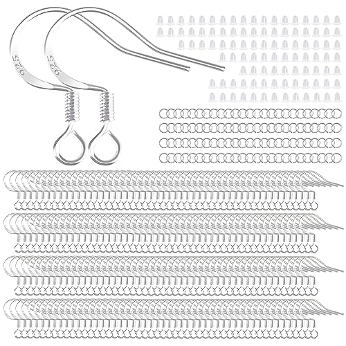 200 PCS/100 Pairs 925 Sterling Silver Plated Earring Hooks Hypoallergenic Silver Ear Wires Fish Hooks with 100 PCS Clear Silicone Earring Backs and 100 PCS Jump Rings for DIY Jewelry Making - color: Silver