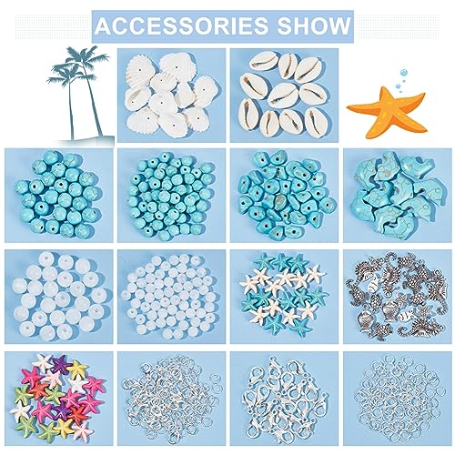 PH PandaHall Ocean Jewelry Making Kit - Starfish, Seashell, Synthetic Turquoise, Tortoise, Fish, Cowrie Shell Beads for Summer Beach Necklace, Earring, Bracelet, Anklet Jewelry Making (406pcs) - color: Colorful