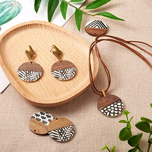 FASHEWELRY 16Pcs Flat Round Wood Resin Earrings Charms 35mm Round Wooden Earring Blanks Charms 4 Styles Wooden Earring Findings for Jewelry Making - color: Flat Round-4 Styles-Mixed Pattern