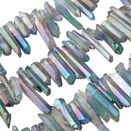 SUNYIK Transparent Green Titanium Coated Crystal Points Quartz Rough Sticks Spikes Point Beads 15 inch Strand Drilled - color: Transparent Green(Rough), size: 0.4"-1.3"