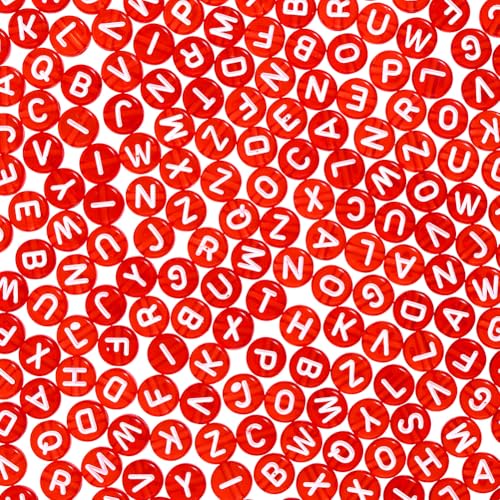1000Pcs Acrylic Transparent Letter Beads Red Letter Beads 7mm Assorted Alphabet Flat Round Disc Bead Horizontal Loose Spacer Bead for DIY Name Bracelet Necklace Jewelry Making - color: Red