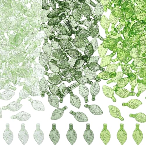 1 Box 900PCS 3 Colors Leaf Bead Charm Acrylic Transparent Green Tree Leaves Assorted Spring Plant Plastic Tiny Spacer Bead Bulk for Jewelry Making Bracelet Earring Necklace Diy Craft Supply