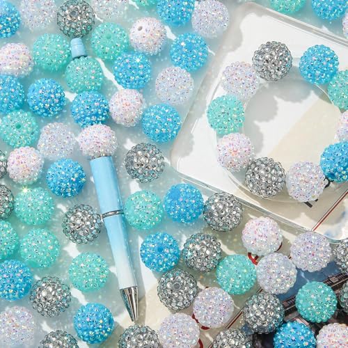 20mm Rhinestone Beads 20pcs Chunky Bubblegum Beads Beadable Pen Beads Shine Disco Ball Beads Jumbo Plastic Beads for Necklace Jewelry Bracelets DIY Crafts Making (bluewhite) - color: bluewhite