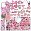 Gehaiwo Pink Junk Case Charms Kit, Junks Phone Cases with Rhinestone Accessories and Full Diamond Bow Lips Dollar Sign Pom Resin Kits Mirror with DIY Phones Decorations