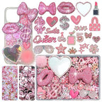 Gehaiwo Pink Junk Case Charms Kit, Junks Phone Cases with Rhinestone Accessories and Full Diamond Bow Lips Dollar Sign Pom Resin Kits Mirror with DIY Phones Decorations