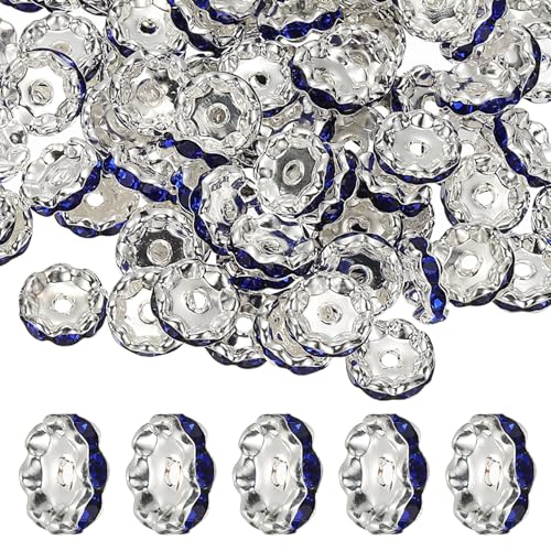 PATIKIL 12mm Wavy Rhinestone Spacer Beads, 100Pack Loose Jewelry Making Spacers Beadable Rondelle Diamond Beads DIY Bracelets Pen Silver Plated for Craft Supplies Decor, Dark Blue - color: Dark Blue