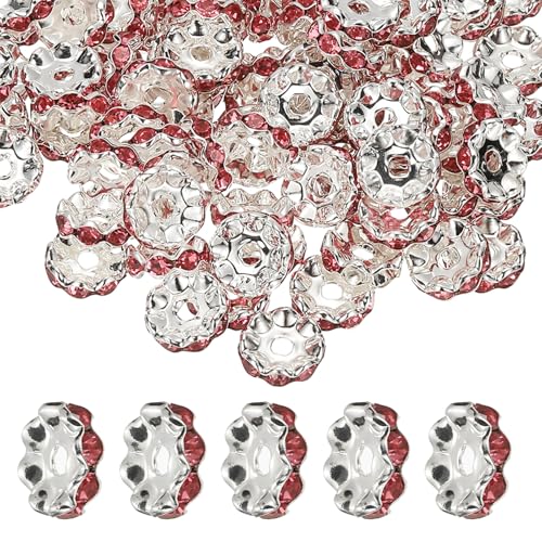 PATIKIL 12mm Wavy Rhinestone Spacer Beads, 100Pack Loose Jewelry Making Spacers Beadable Rondelle Diamond Beads DIY Bracelets Pen Silver Plated for Craft Supplies Decor, Dark Pink - color: Dark Pink