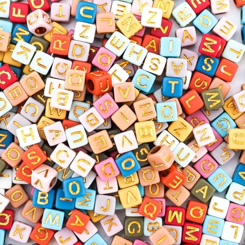 800Pcs Colorful and Gold Square Letter Beads A-Z, 6X6mm Acrylic Alphabet Beads for Friendship Bracelets Making - color: Gold Letters Colored Beads