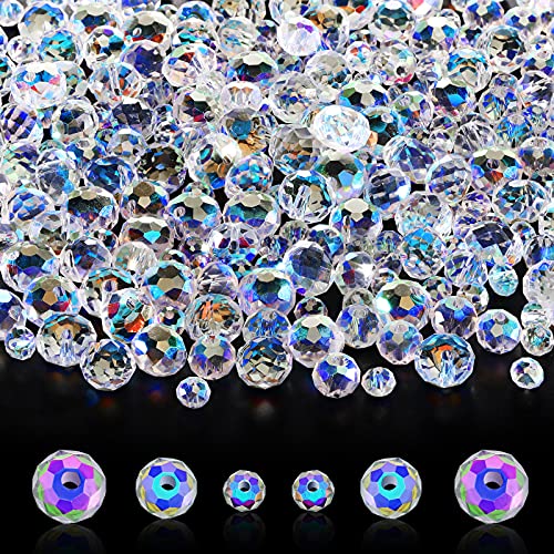 WILLBOND 600 Pcs Crystal Glass Beads for Jewelry Making Bulk Suncatcher Faceted Rondelle Loose Gemstone for Valentine's Day, Irish Holiday, Easter Bracelet DIY Crafts 8mm, 6mm, 4mm(AB Color) - color: AB Color