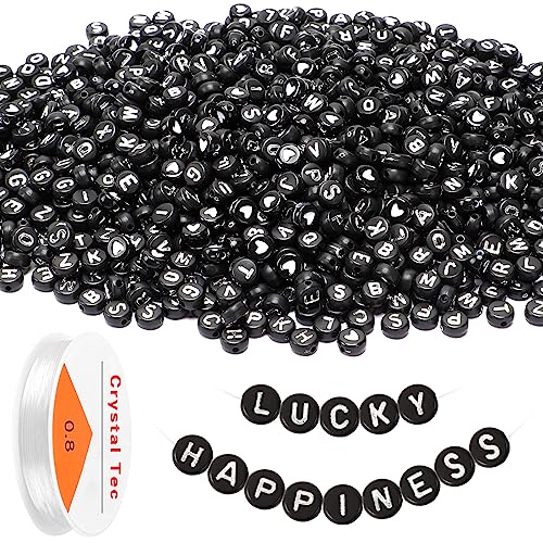 Letter Beads, DECYOOL Acrylic Alphabet Beads with 1 Roll Elastic String for Bracelet Necklace Jewelry Making Supplies (Black White) - color: Black White