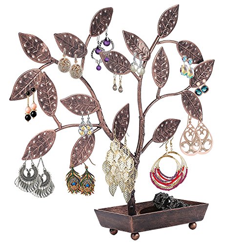MyGift Jewelry Tree w/Bird Nest 48 pair Earrings Holder, Bracelets/Necklace Organizer Stand (Bronze Metal) - color: Bronze Metal