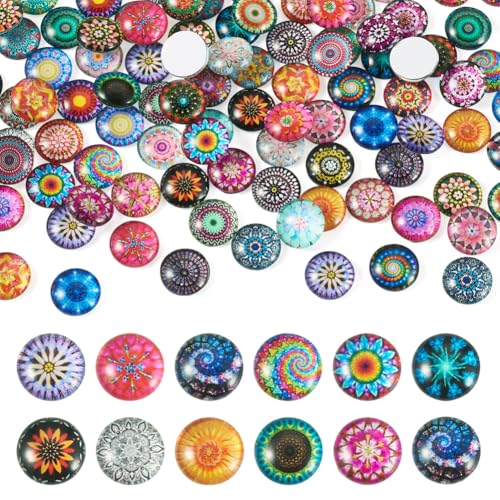 100Pcs/Set Flat Round Transparent Glass Cabochons with Pattern Eye Flatback Glass Dome Flatback Cab Beads for Photo Cameo Jewelry Making Necklace Ring DIY Crafts 12x4mm Random Kaleidoscope - color: 100Pcs-12x4mm-Random Kaleidoscope