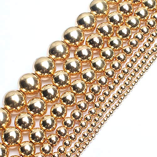 Song Xi 14K Gold Hematite Beads Round Loose Beads for Jewelry Making DIY Bracelets and Necklaces 6mm/60pcs - color: 14k gold, size: 6mm