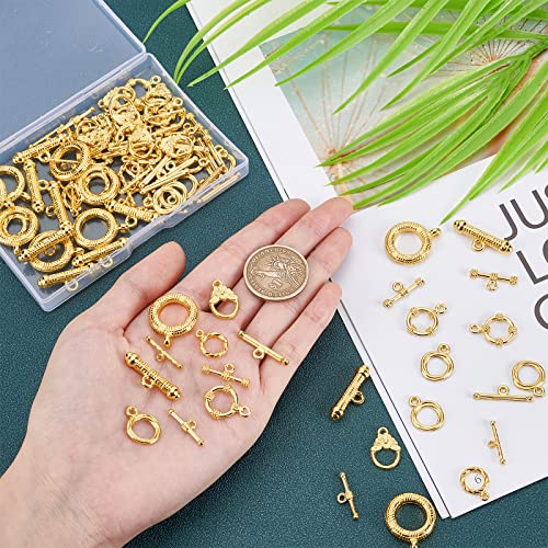 PH PandaHall 50 Sets 14K Gold Toggle Clasps, Flower Ring T-Bar Jewelry Clasps Tibetan Style Closure Gold Filled Clasp for Necklace Bracelet Jewelry Making DIY Craft, 5 Styles